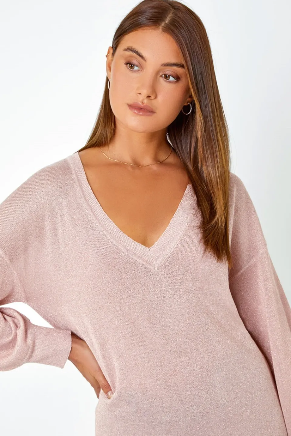 Tops>Roman Light Relaxed Stretch Shimmer V-Neck Jumper Pink