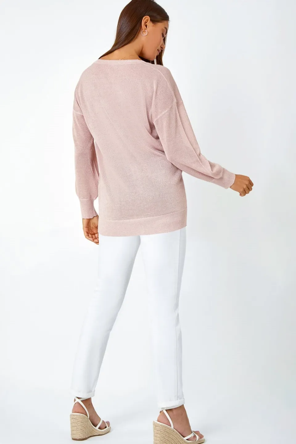 Tops>Roman Light Relaxed Stretch Shimmer V-Neck Jumper Pink