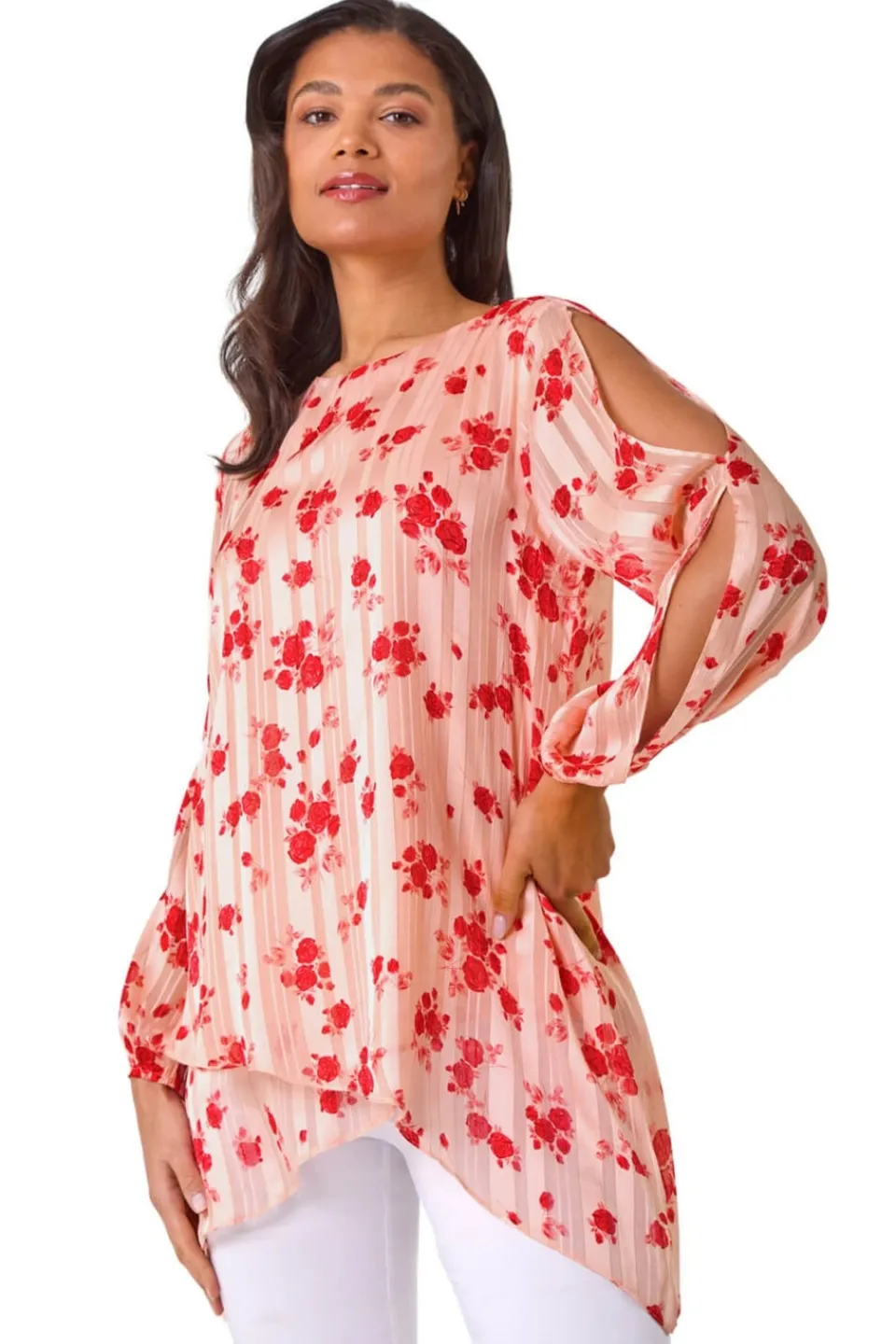 Tops>Roman Light Pink Rose Print Metallic Tunic Top