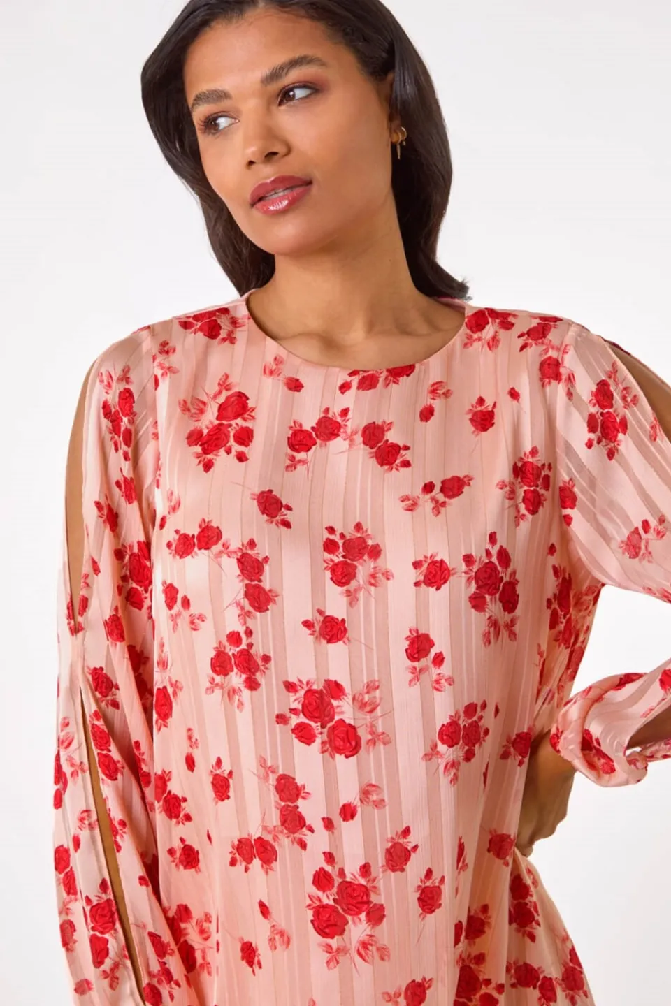 Tops>Roman Light Pink Rose Print Metallic Tunic Top