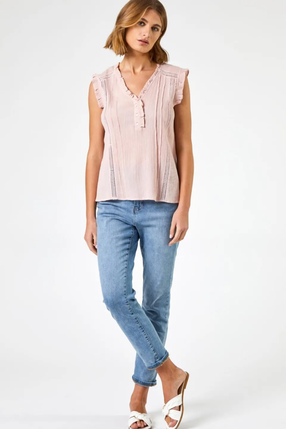Tops>Roman Light Pink Ruffle Detail Cotton Crinkle Top
