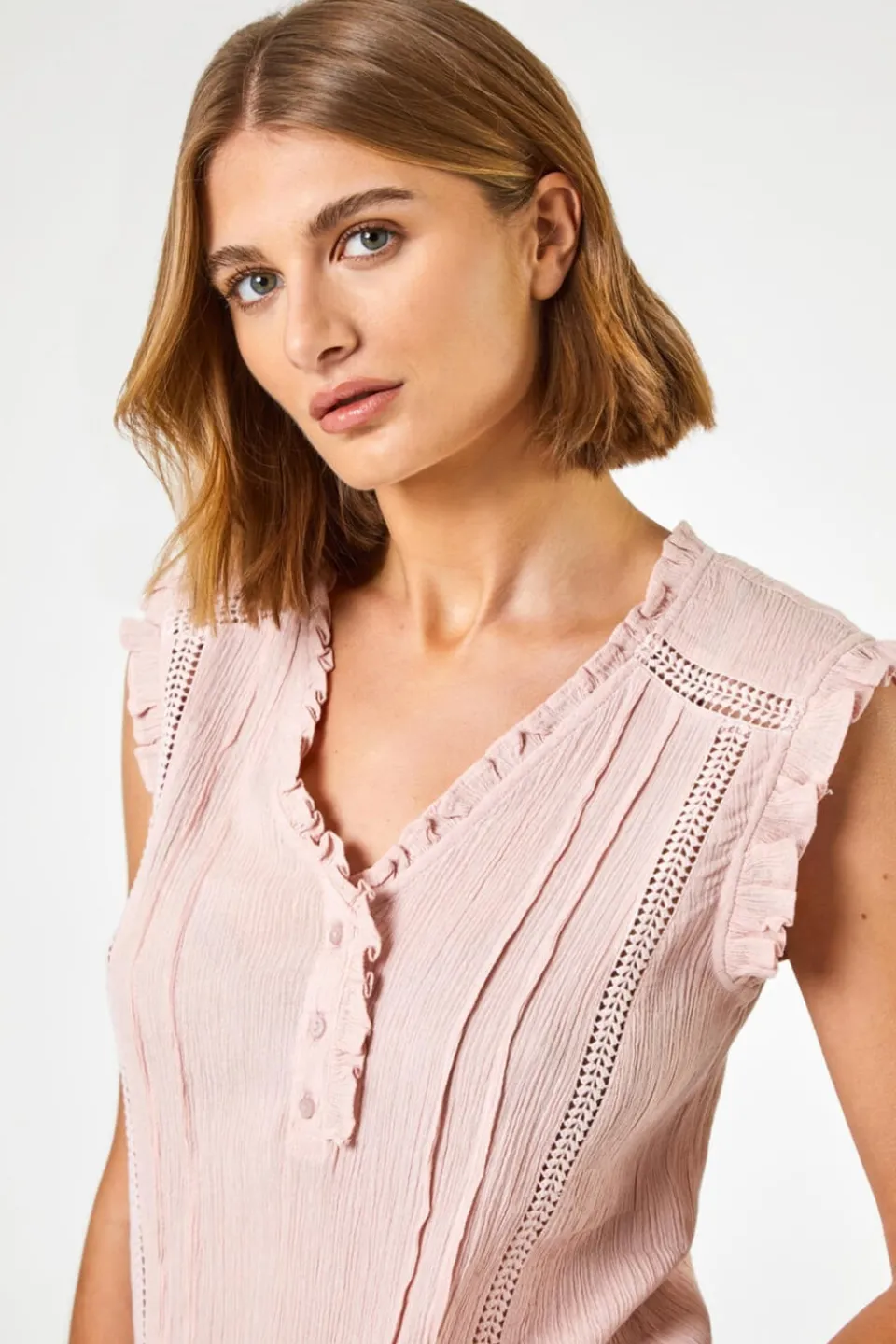 Tops>Roman Light Pink Ruffle Detail Cotton Crinkle Top