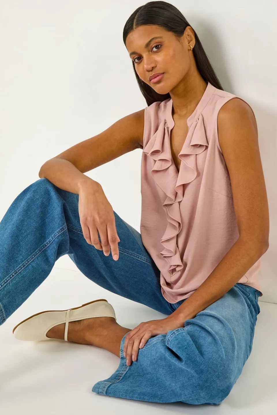 Tops>Roman Light Pink Ruffle V Neck Vest Top