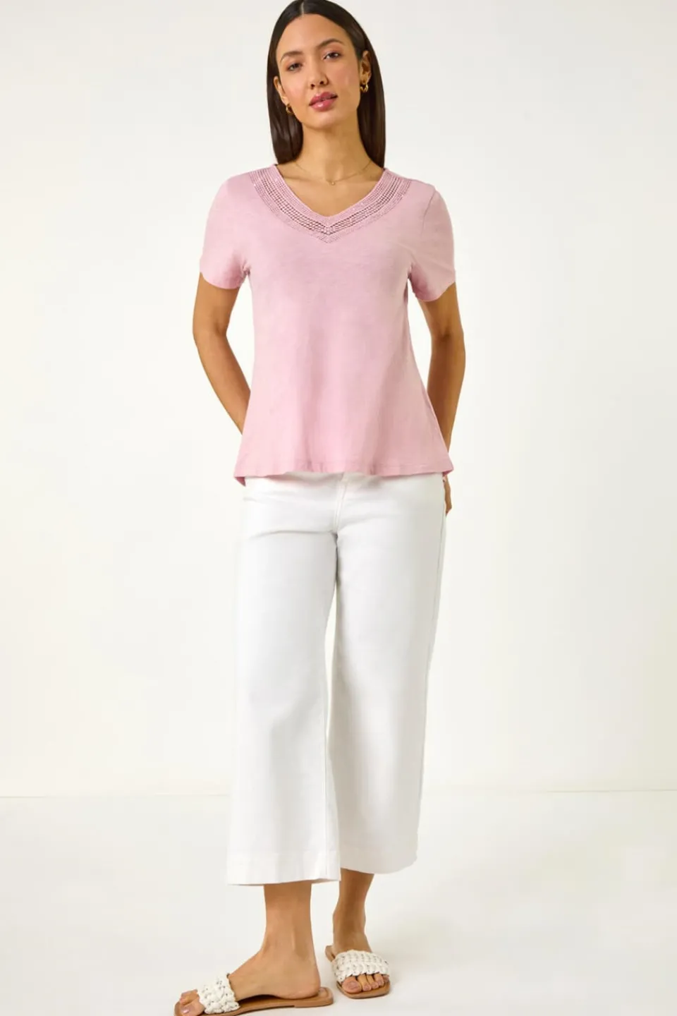 T-Shirts>Roman Light Pink Sequin Trim V Neck Stretch Top