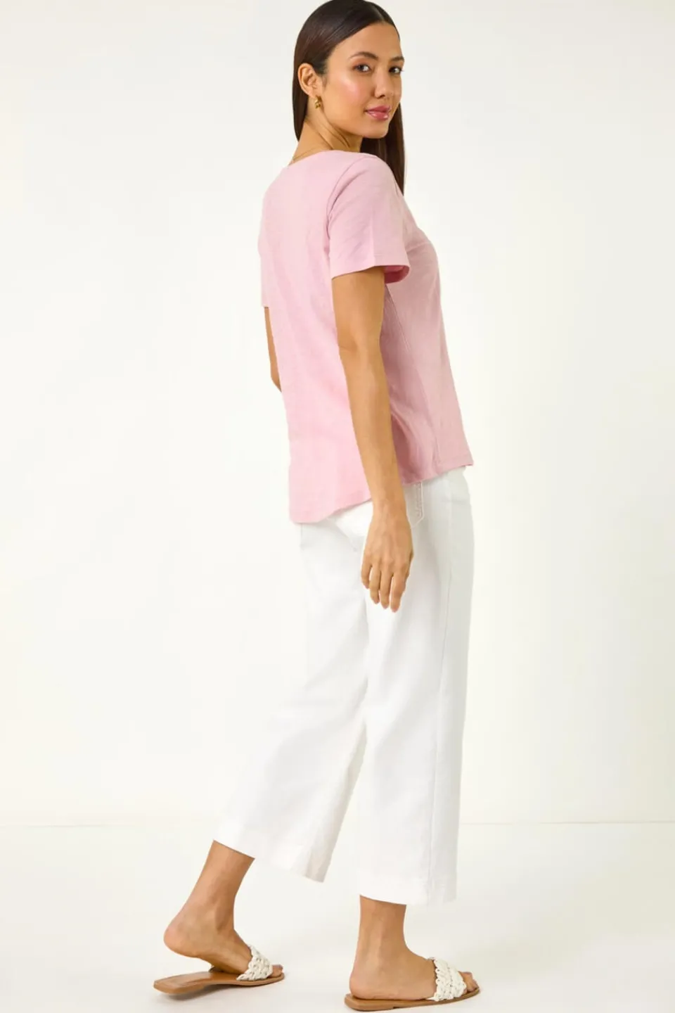 T-Shirts>Roman Light Pink Sequin Trim V Neck Stretch Top