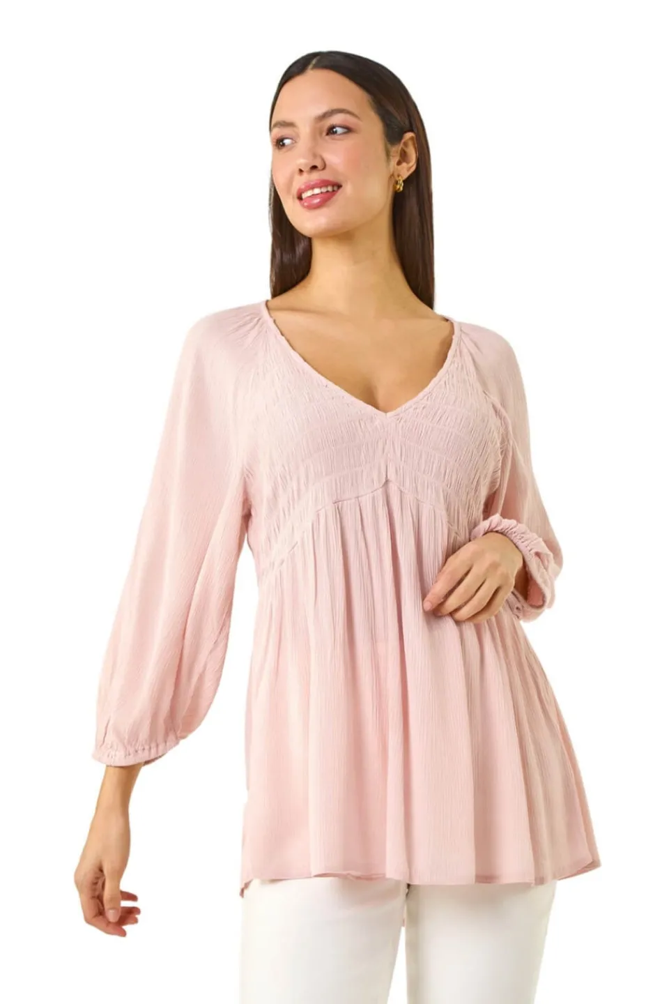Tops>Roman Light Pink Shirred V-Neck Raglan Top