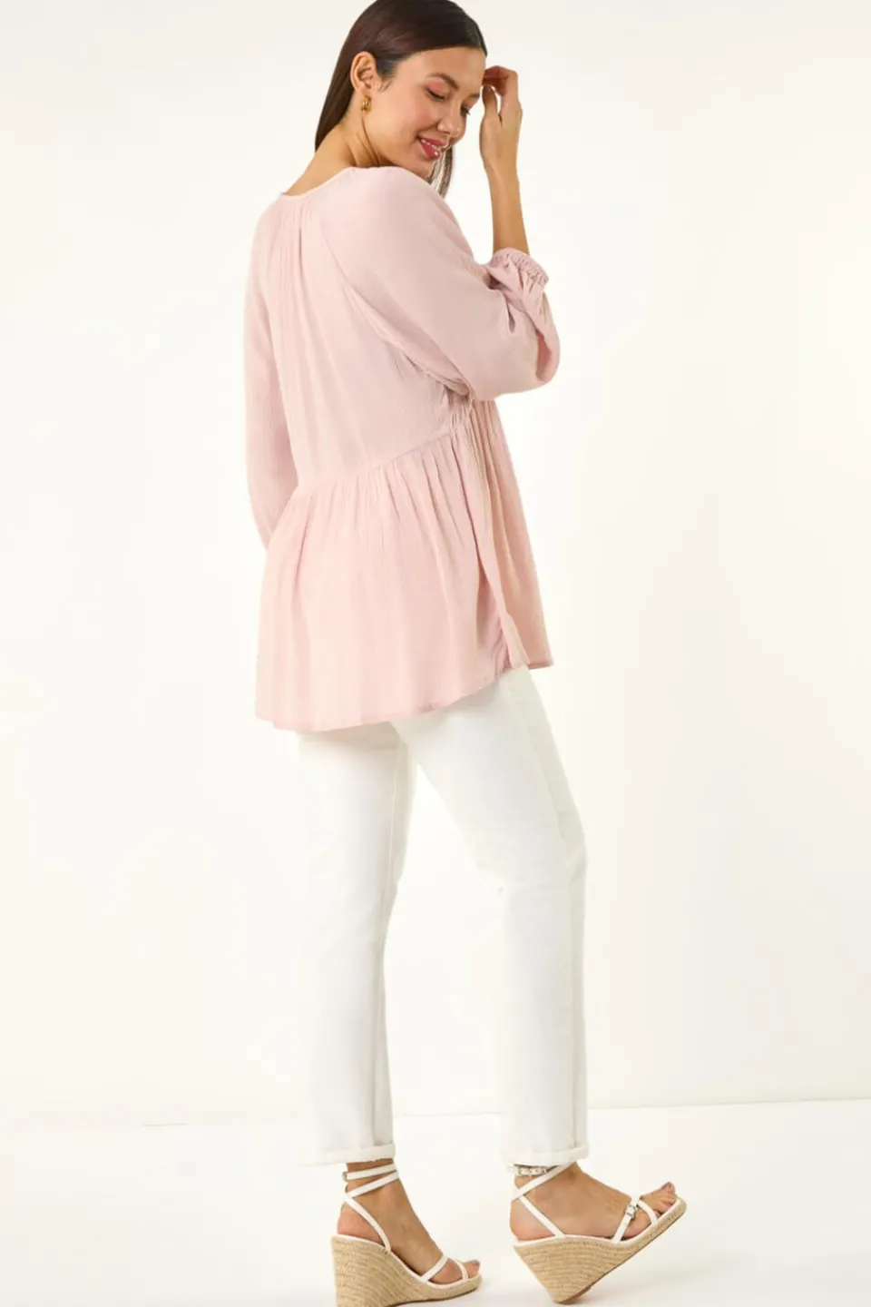 Tops>Roman Light Pink Shirred V-Neck Raglan Top