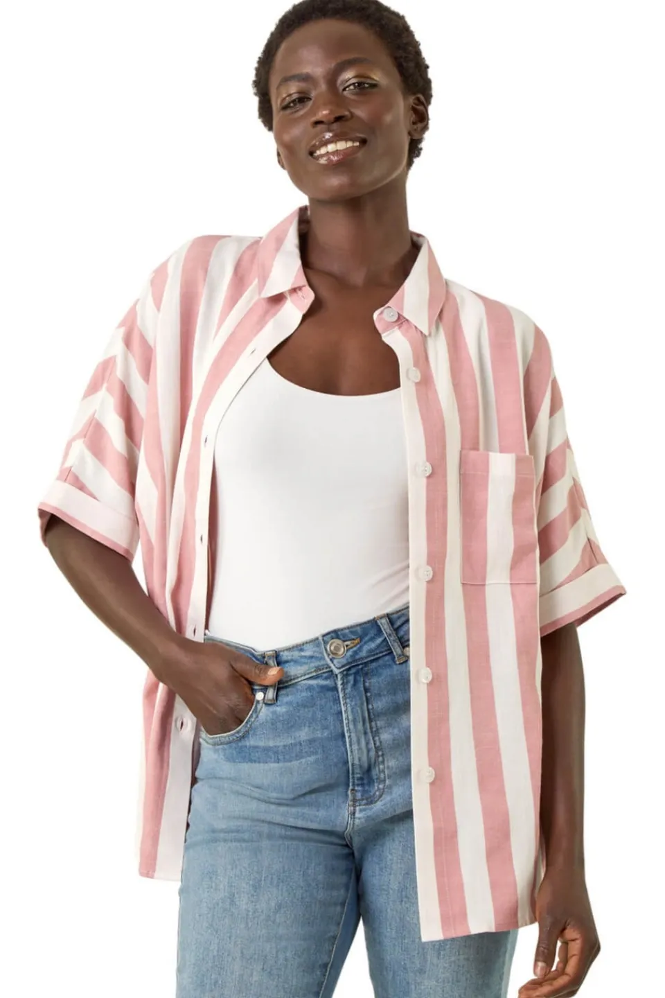 Tops>Roman Light Pink Stripe Print Buttoned Shirt