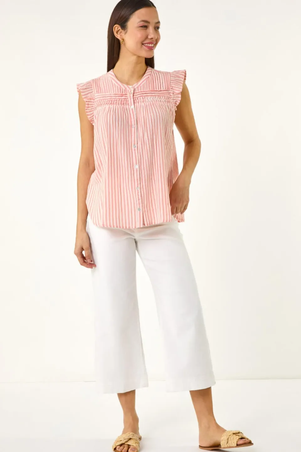Tops>Roman Light Pink Stripe Print Frill Blouse