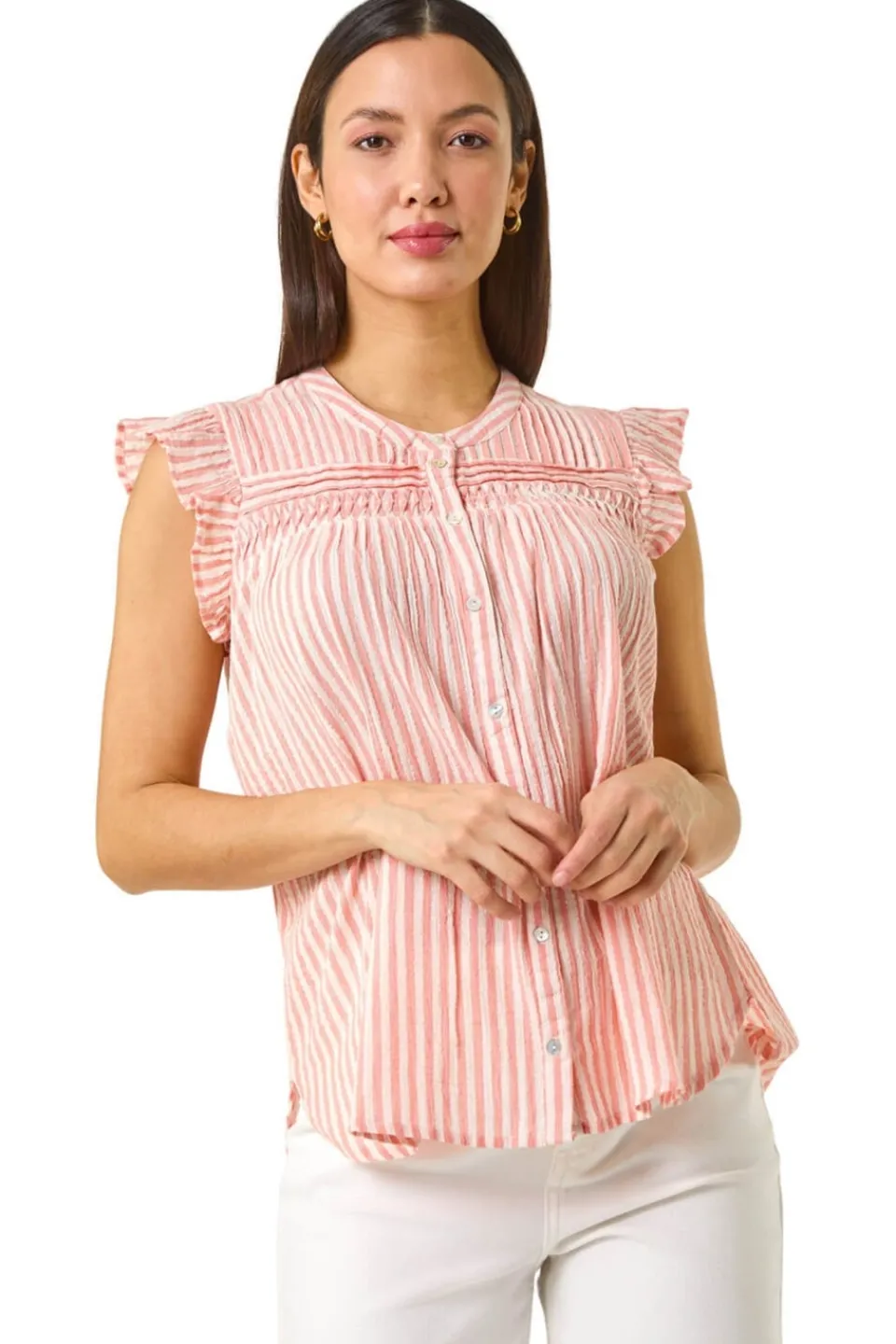 Tops>Roman Light Pink Stripe Print Frill Blouse