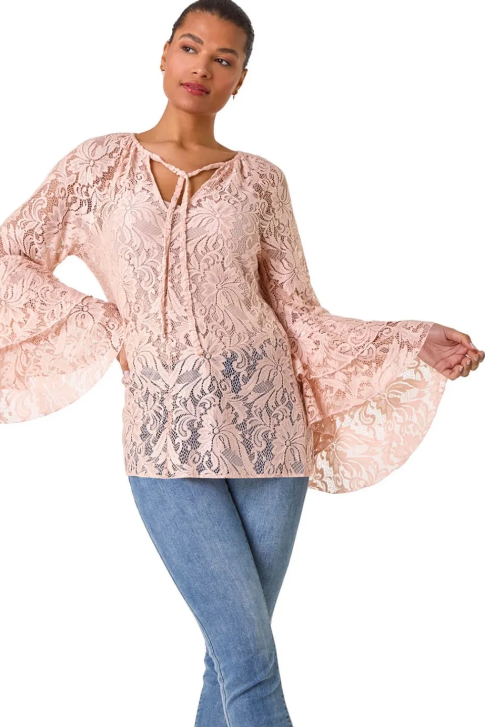 Tops>Roman Light Pink Tie Neck Lace Detail Top