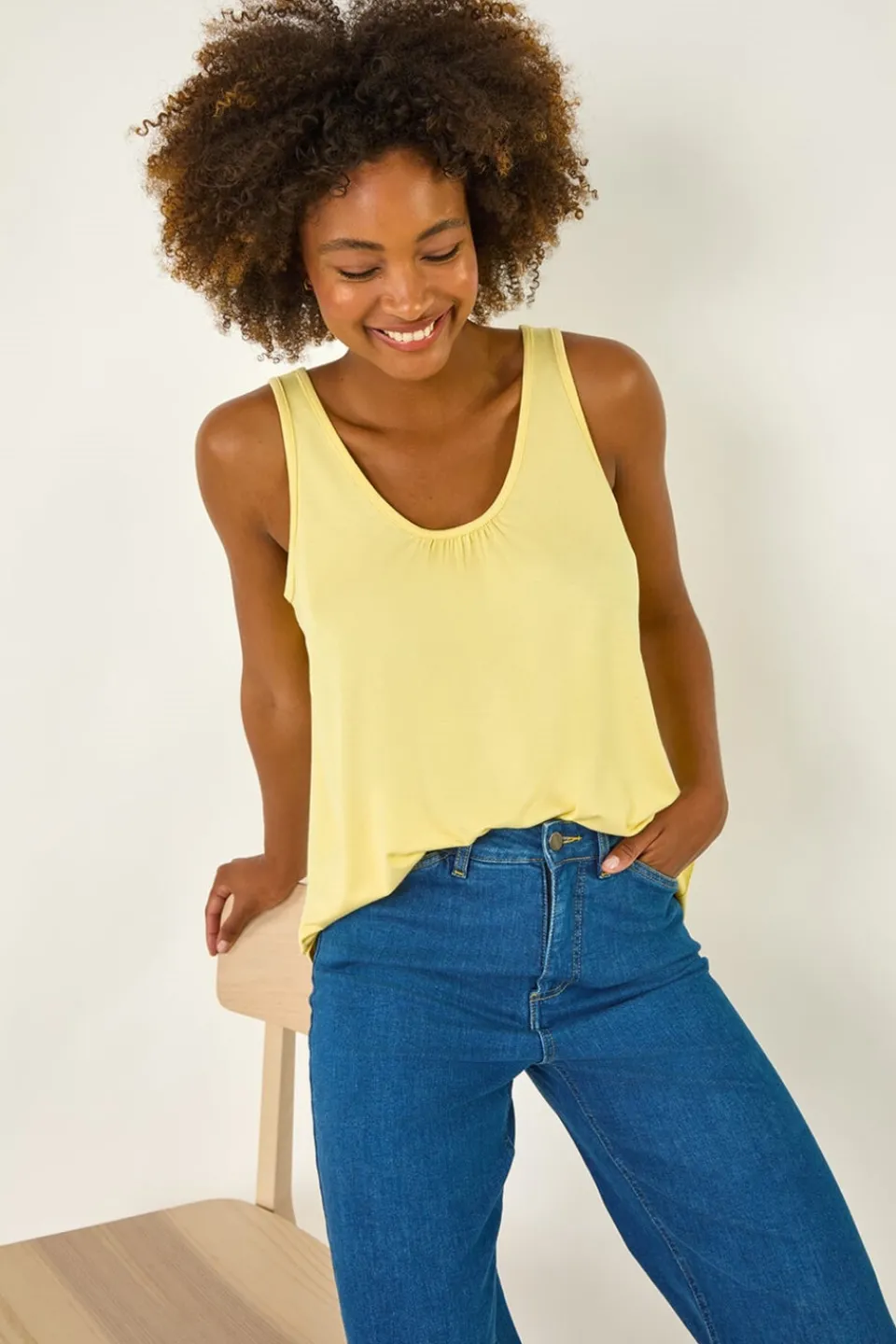Tops>Roman Light Yellow Plain V Neck Stretch Jersey Vest Top