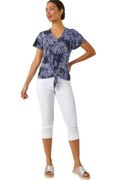 T-Shirts>Roman Lilac Floral Print Tie Front Stretch Top
