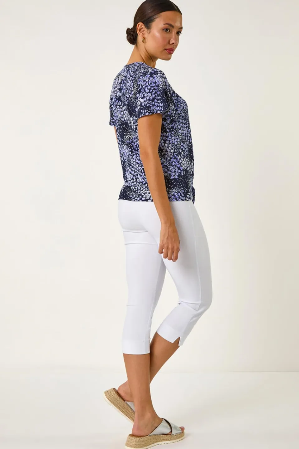 T-Shirts>Roman Lilac Floral Print Tie Front Stretch Top
