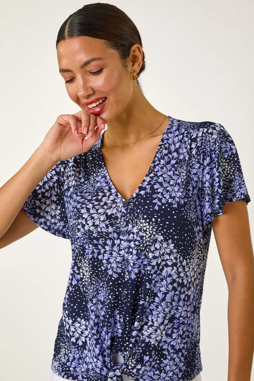 T-Shirts>Roman Lilac Floral Print Tie Front Stretch Top