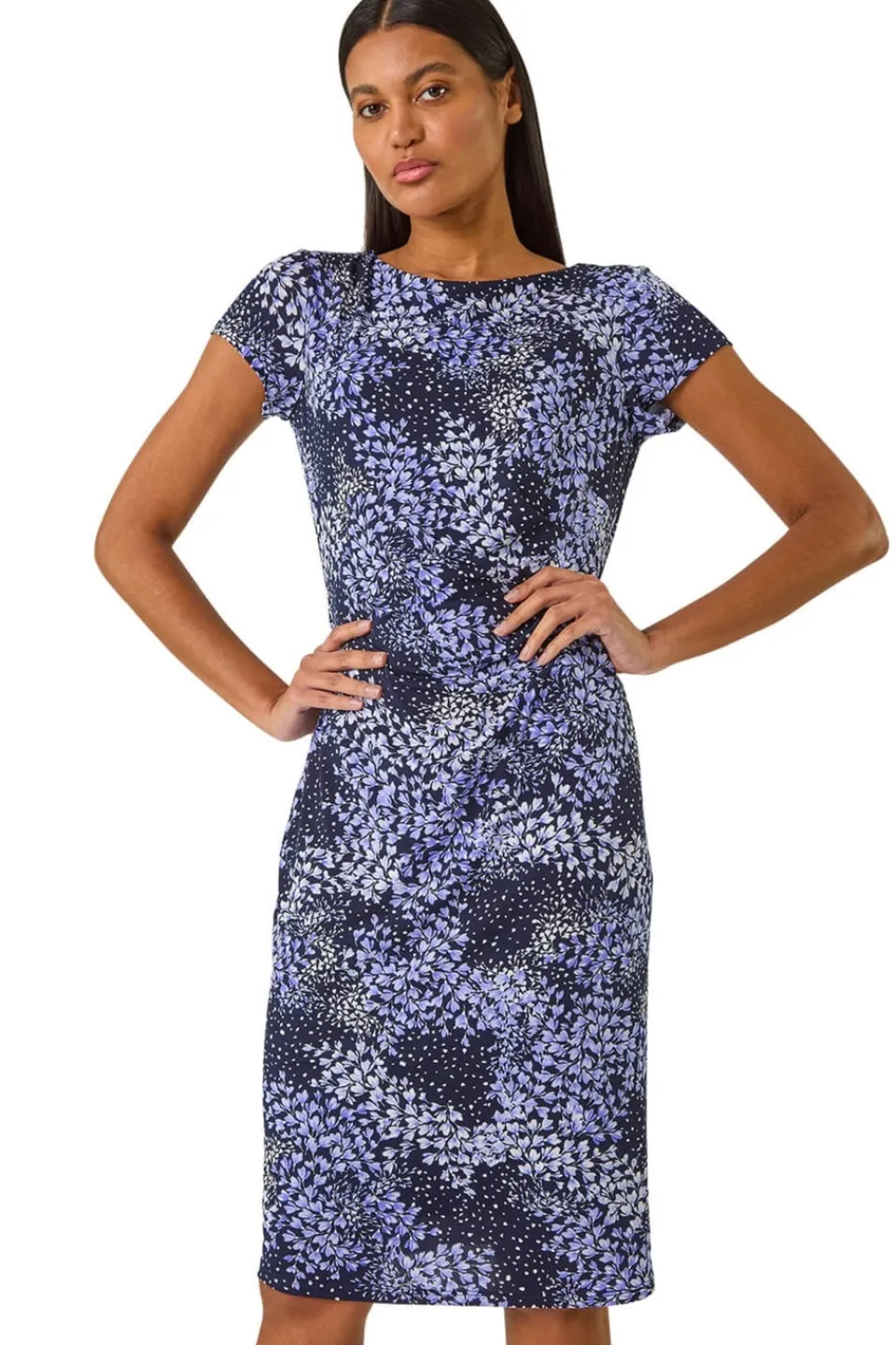 Dresses>Roman Lilac Floral Stretch Gathered Shift Dress
