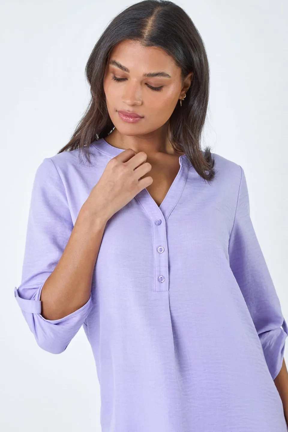 Tops>Roman Lilac Longline Button V Neck Tunic Top
