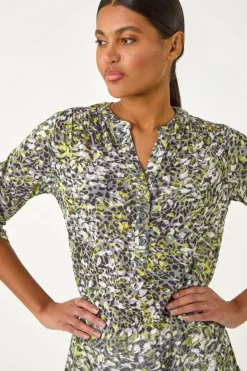 Tops>Roman Lime Animal Print Burnout V-Neck Shirt