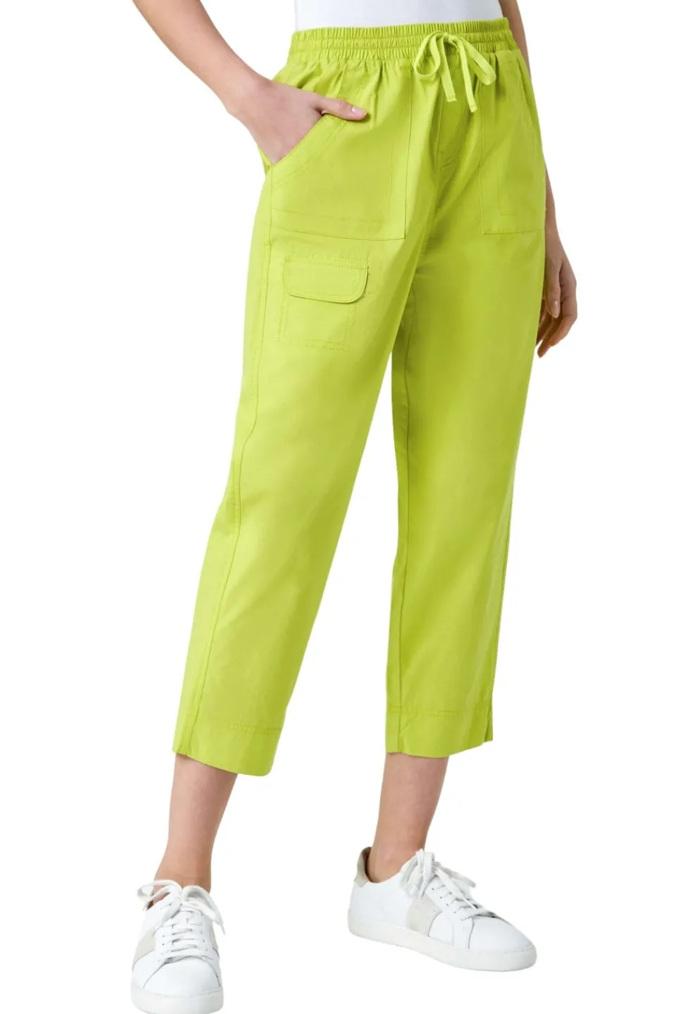 Trousers>Roman Lime Cotton Elastic Waist Cropped Cargo Trousers