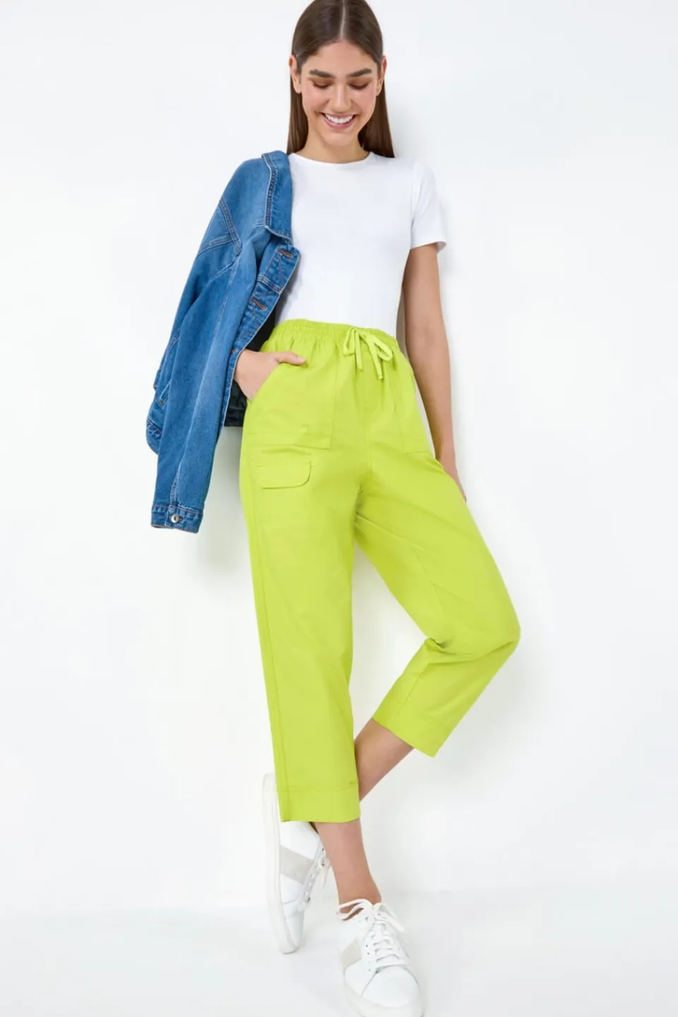 Trousers>Roman Lime Cotton Elastic Waist Cropped Cargo Trousers