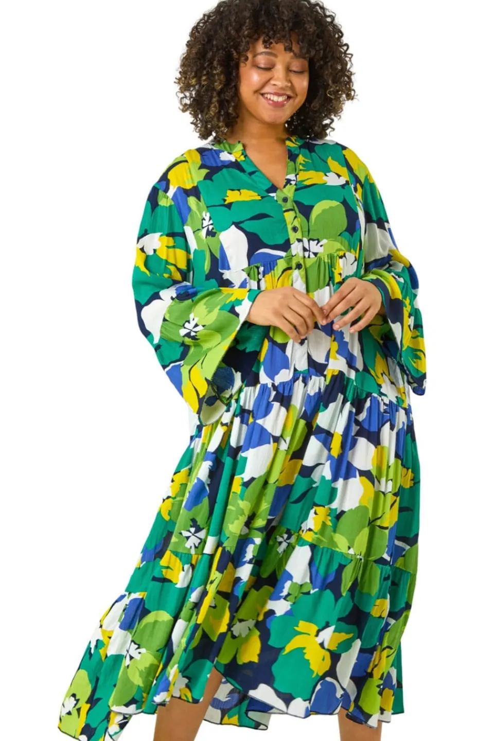 Dresses>Roman Lime Curve Floral Print Tiered Dress