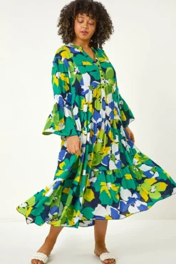 Dresses>Roman Lime Curve Floral Print Tiered Dress