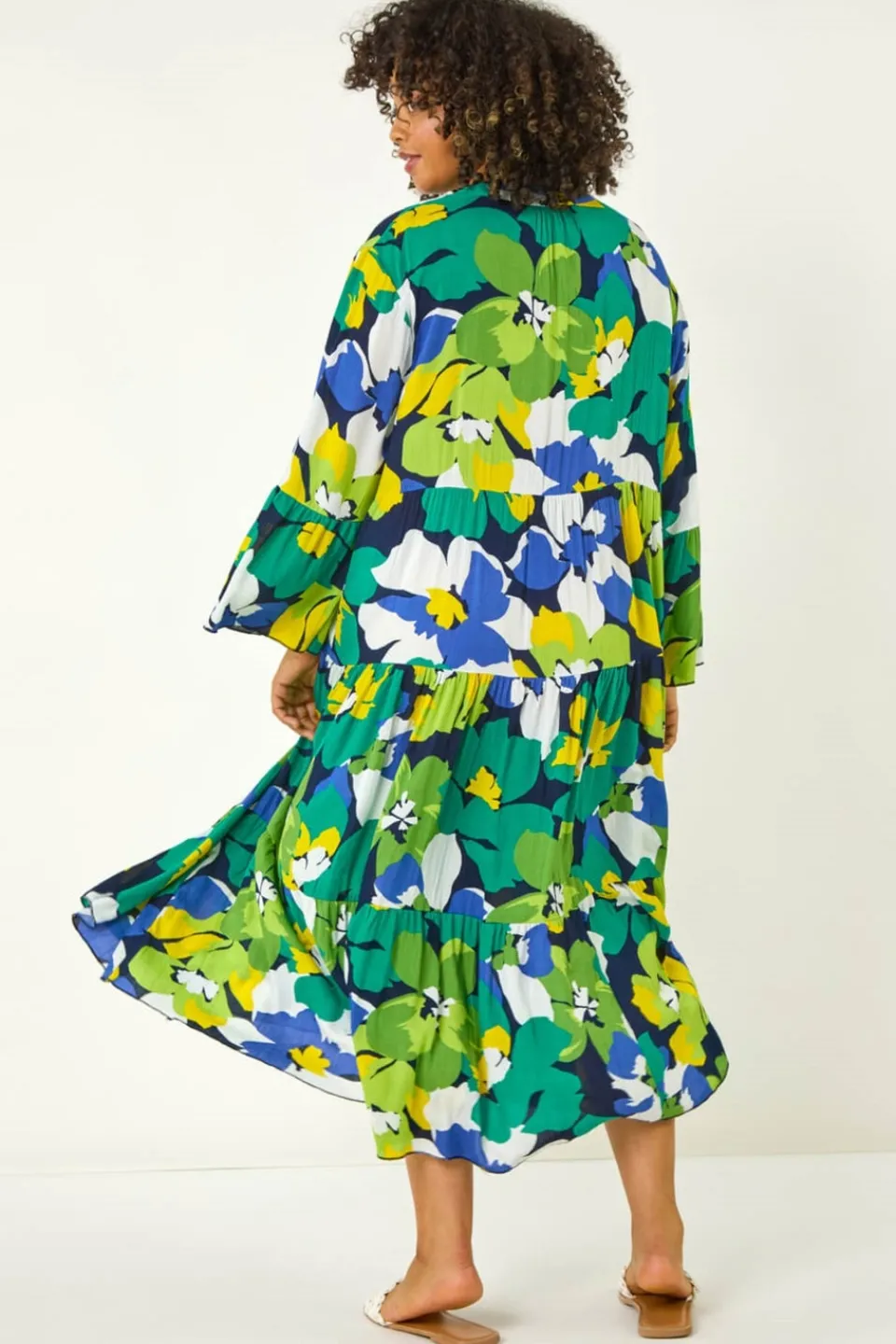 Dresses>Roman Lime Curve Floral Print Tiered Dress