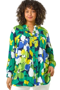Tops>Roman Lime Curve Floral Print Pintuck Blouse