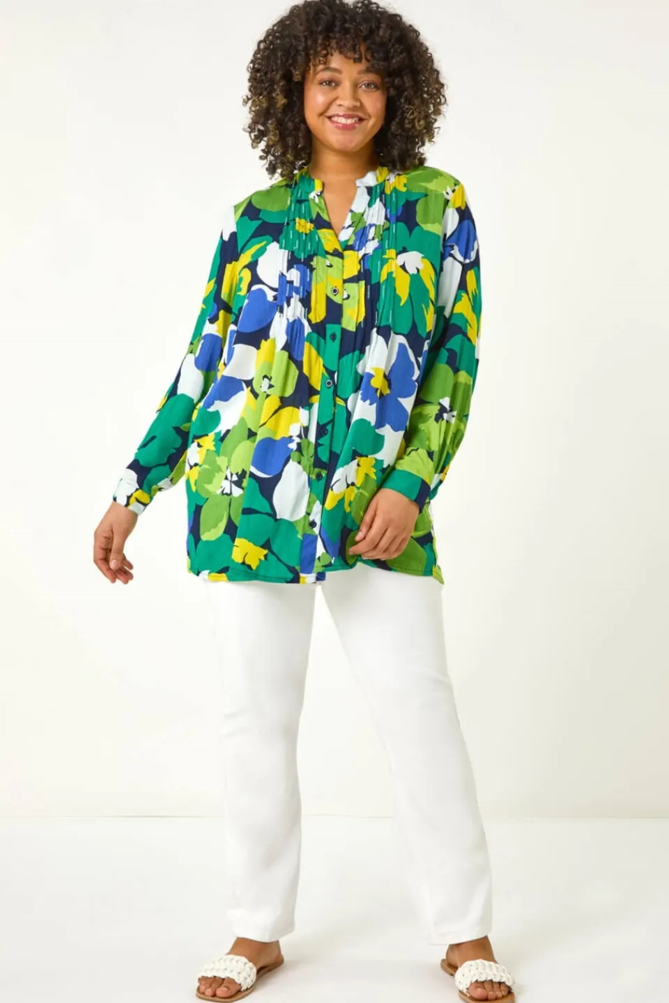 Tops>Roman Lime Curve Floral Print Pintuck Blouse