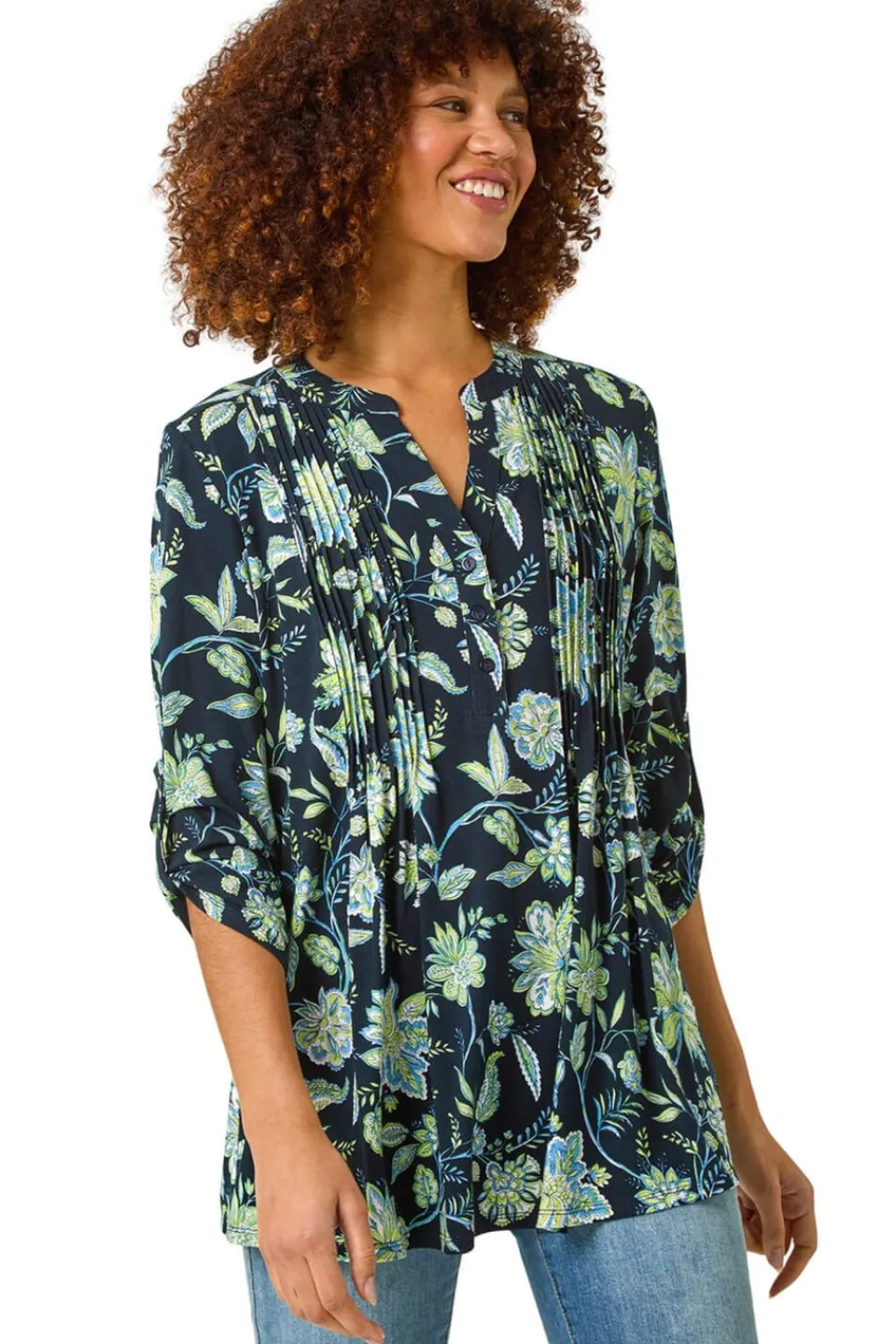 Tops>Roman Lime Floral Print Pintuck Shirt