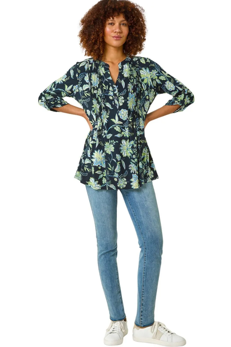Tops>Roman Lime Floral Print Pintuck Shirt
