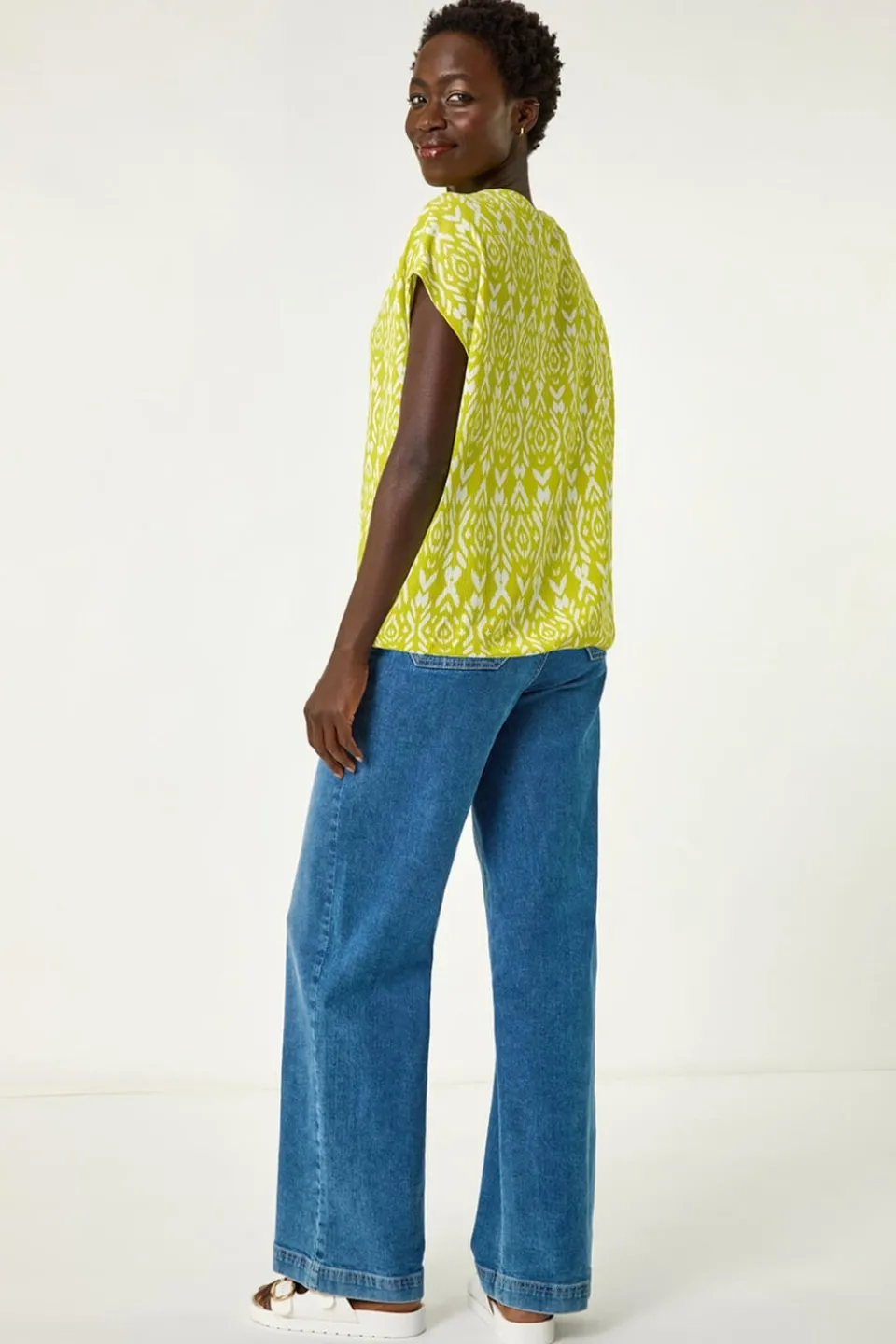 Tops>Roman Lime Ikat Print Bubble Hem Top