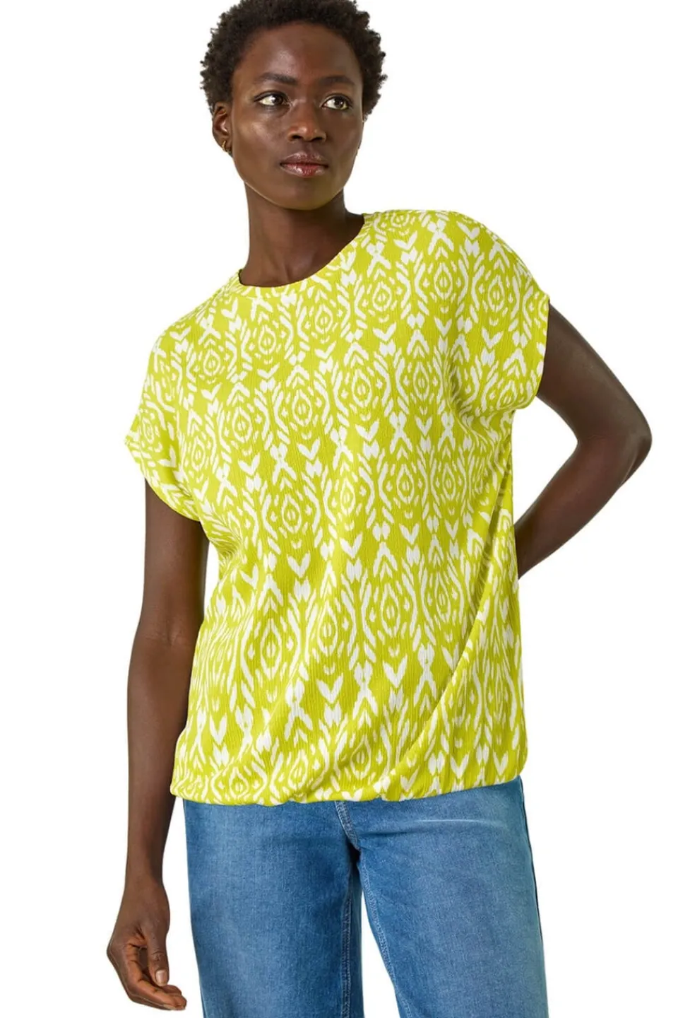 Tops>Roman Lime Ikat Print Bubble Hem Top