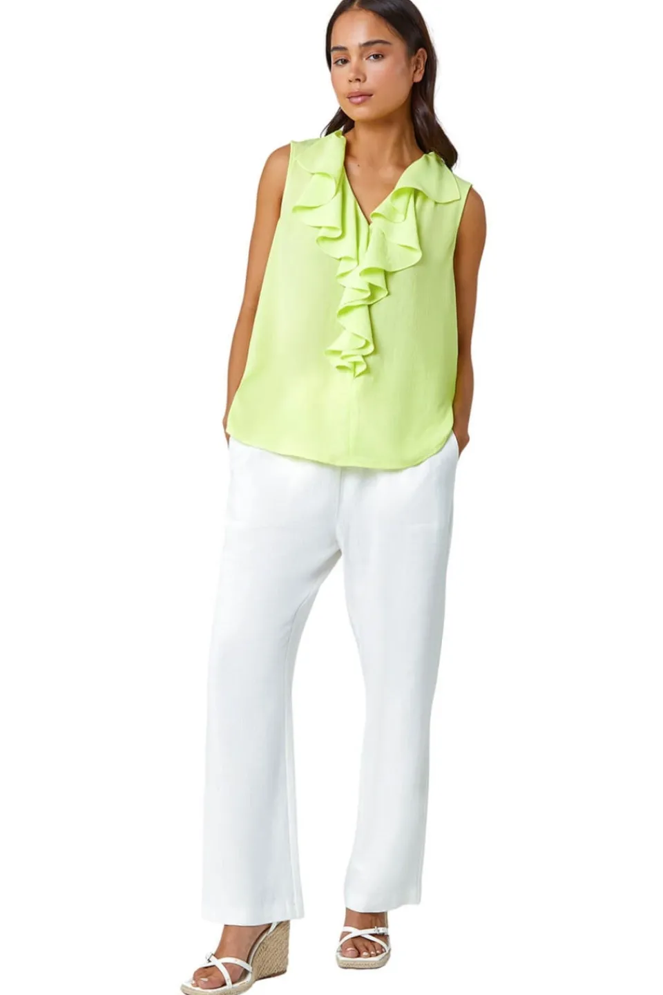 Tops>Roman Lime Petite Frill Front Vest Top