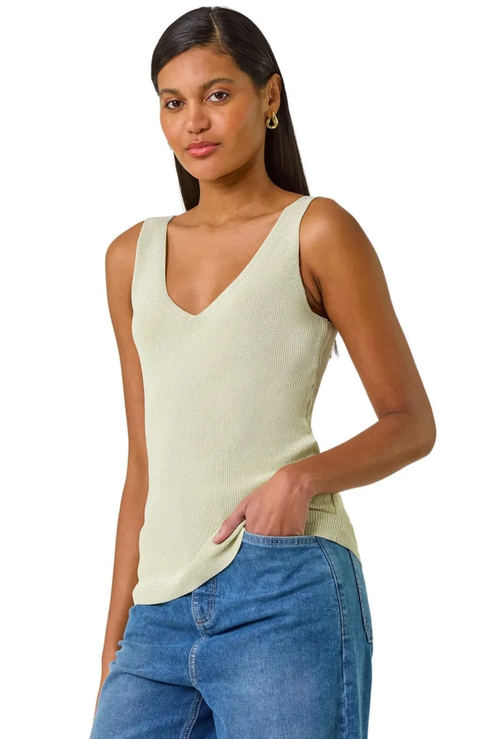 Knitwear>Roman Lime Shimmer V Neck Knitted Vest