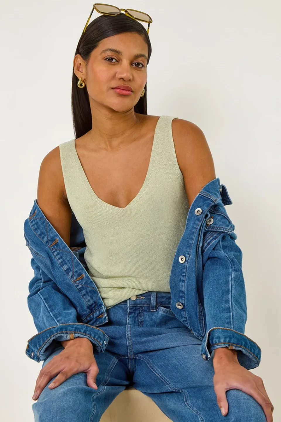 Knitwear>Roman Lime Shimmer V Neck Knitted Vest