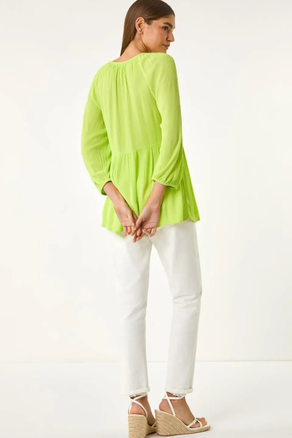 Tops>Roman Lime Shirred V-Neck Top