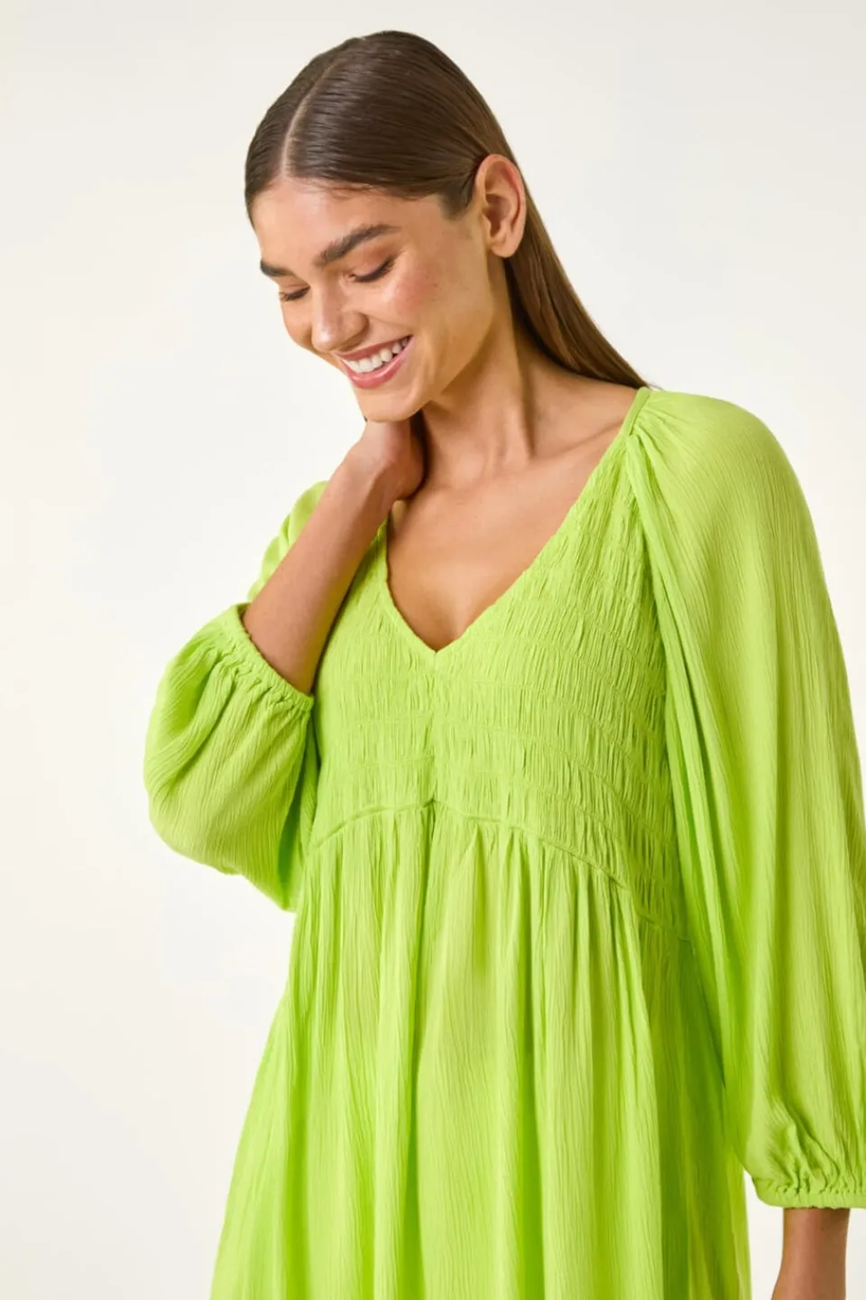 Tops>Roman Lime Shirred V-Neck Top
