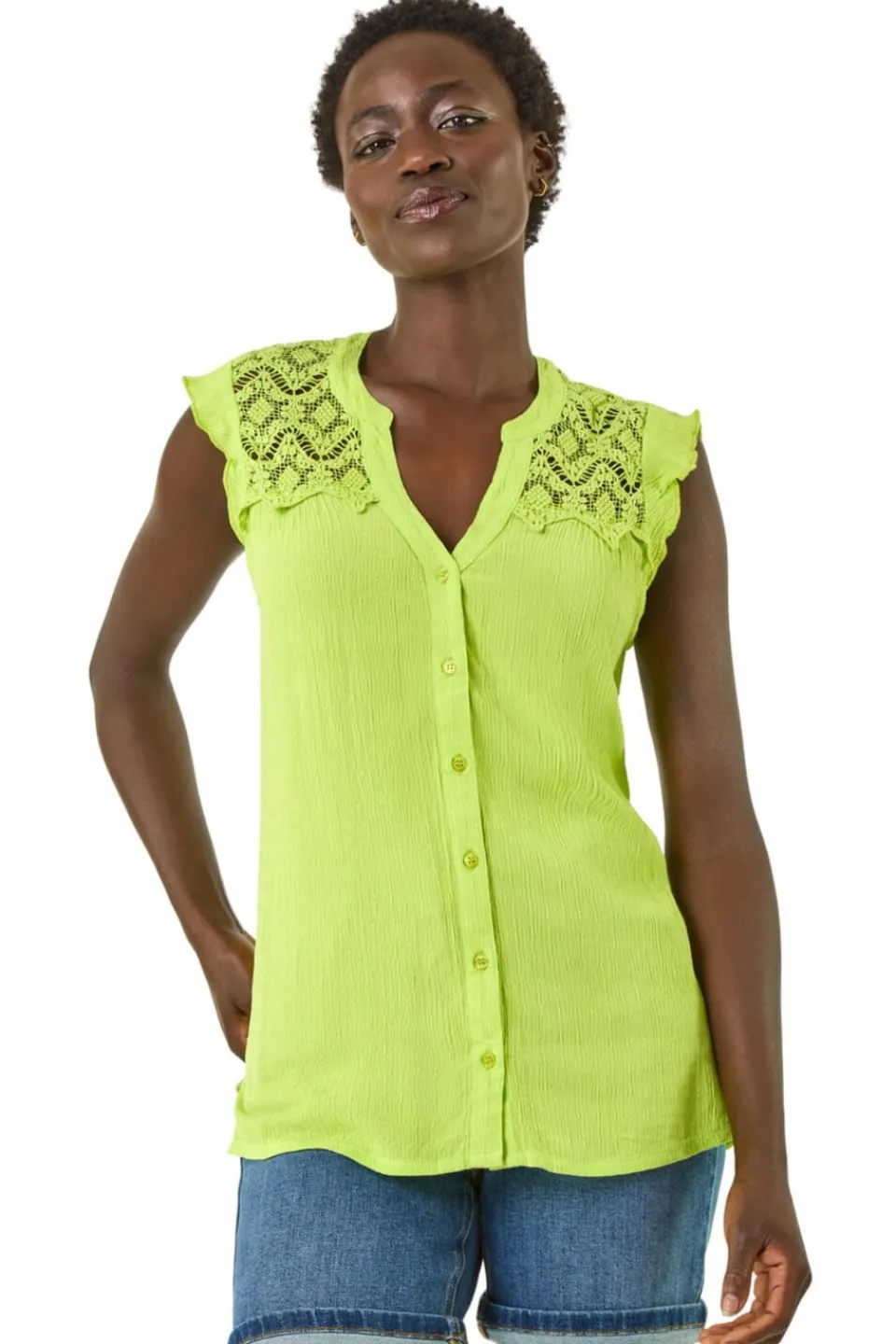 Tops>Roman Lime Sleeveless Lace Detail Blouse
