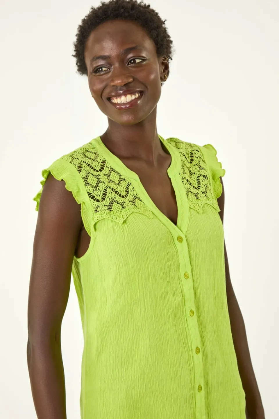 Tops>Roman Lime Sleeveless Lace Detail Blouse