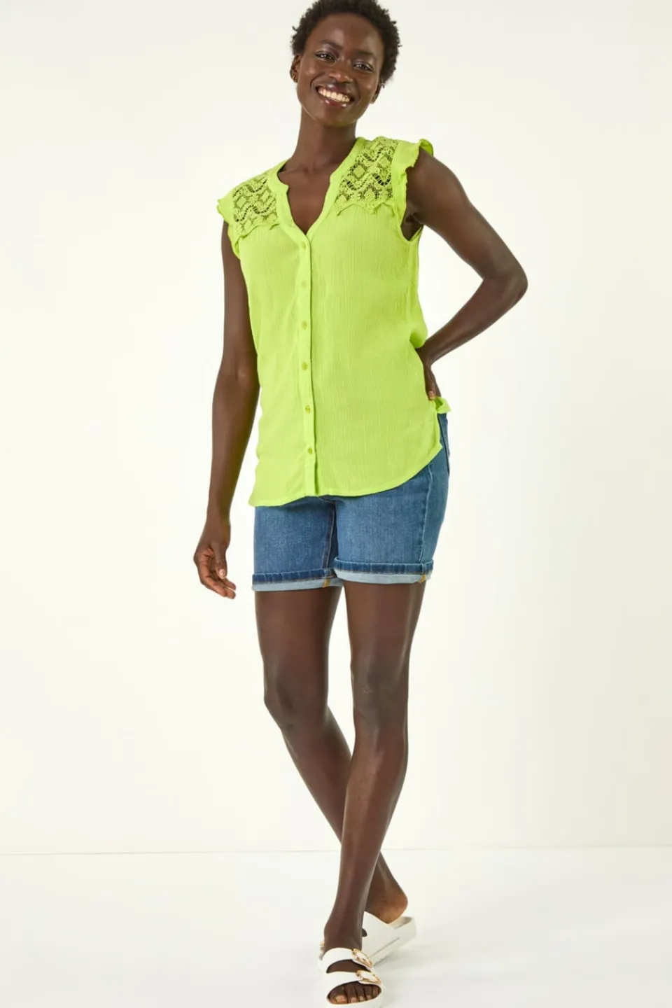 Tops>Roman Lime Sleeveless Lace Detail Blouse