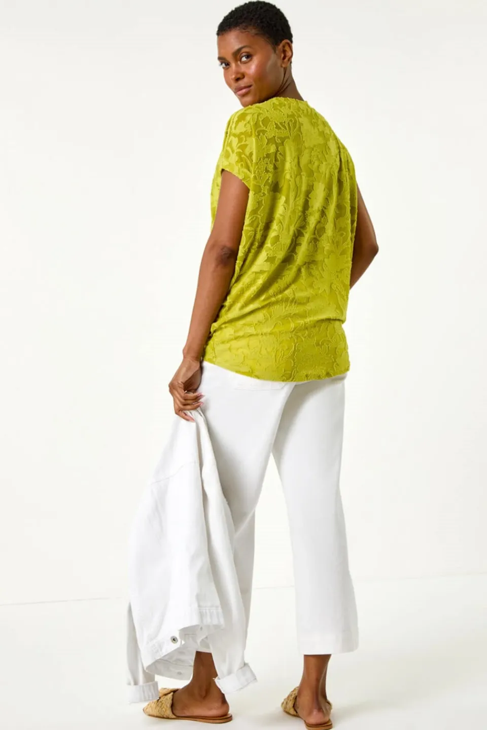 Tops>Roman Lime Textured Floral Stretch Cocoon Top