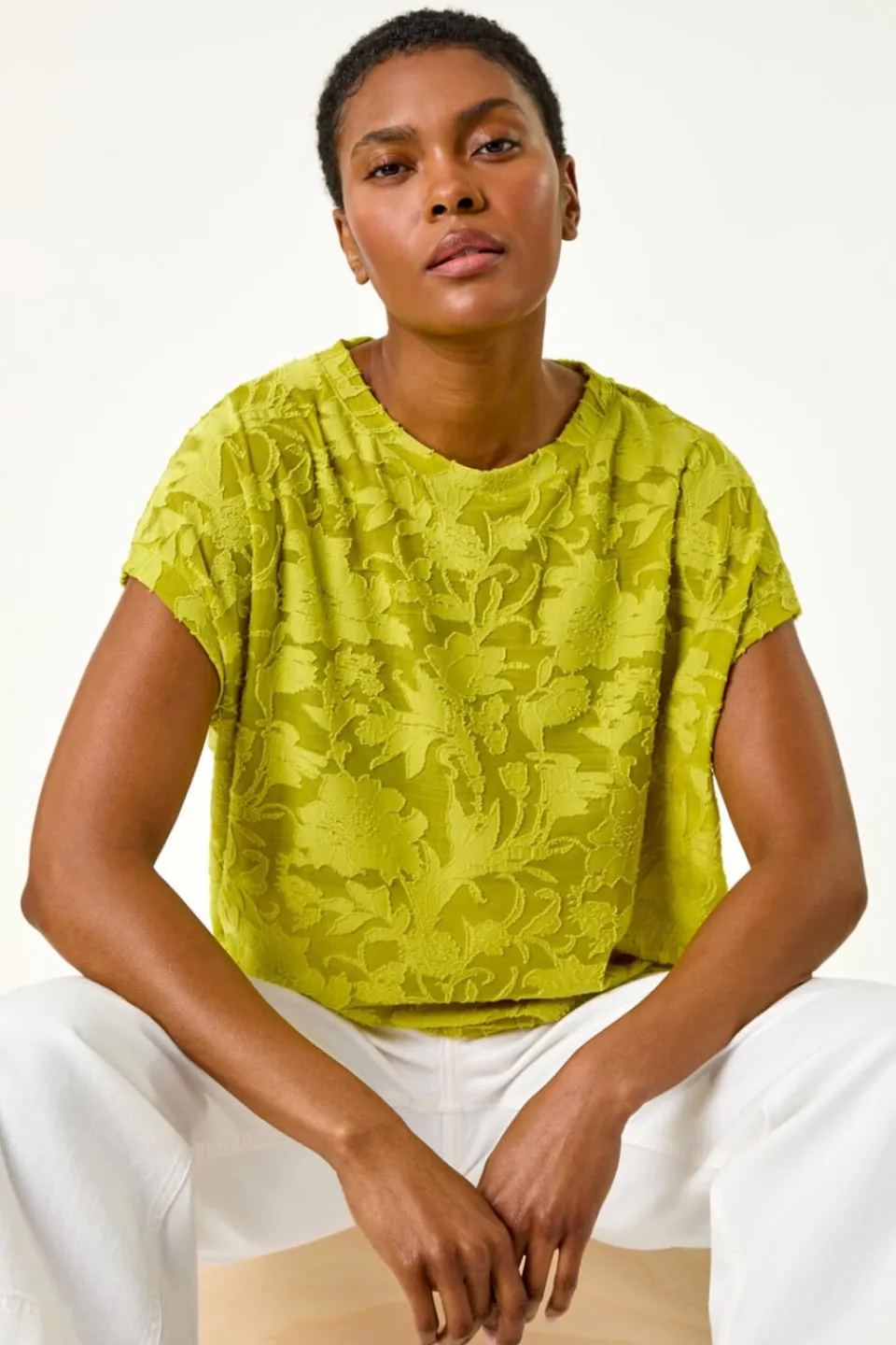Tops>Roman Lime Textured Floral Stretch Cocoon Top