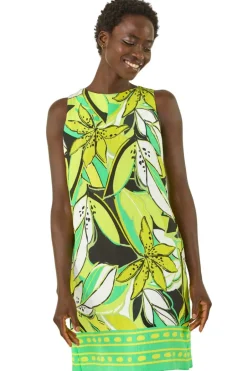 Dresses>Roman Lime Tropical Leaf Border Shift Dress