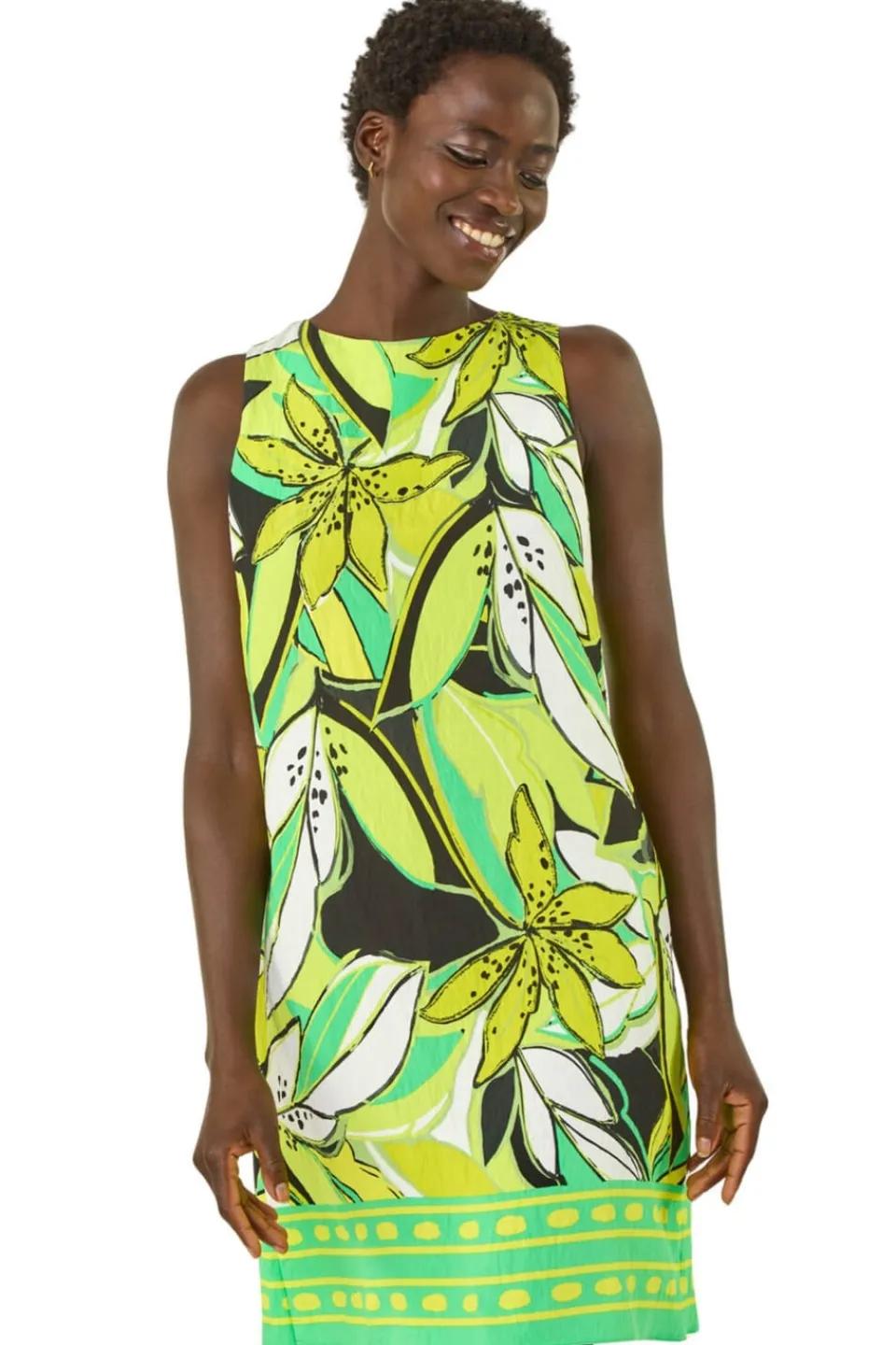 Dresses>Roman Lime Tropical Leaf Border Shift Dress