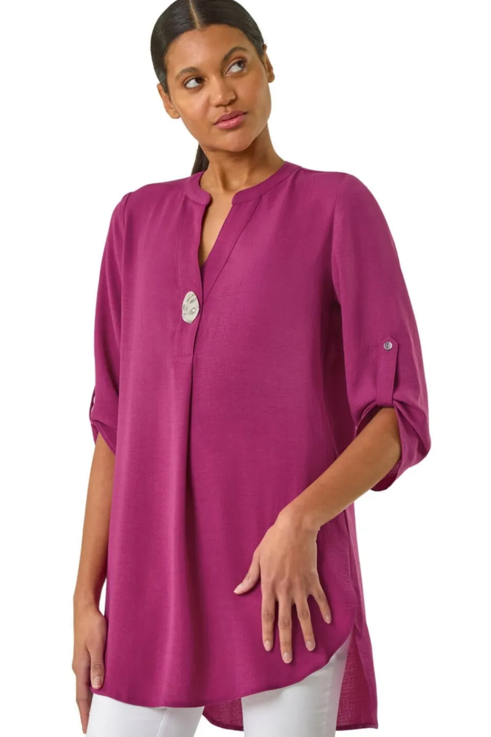 Tops>Roman Button Detail Longline Blouse Magenta