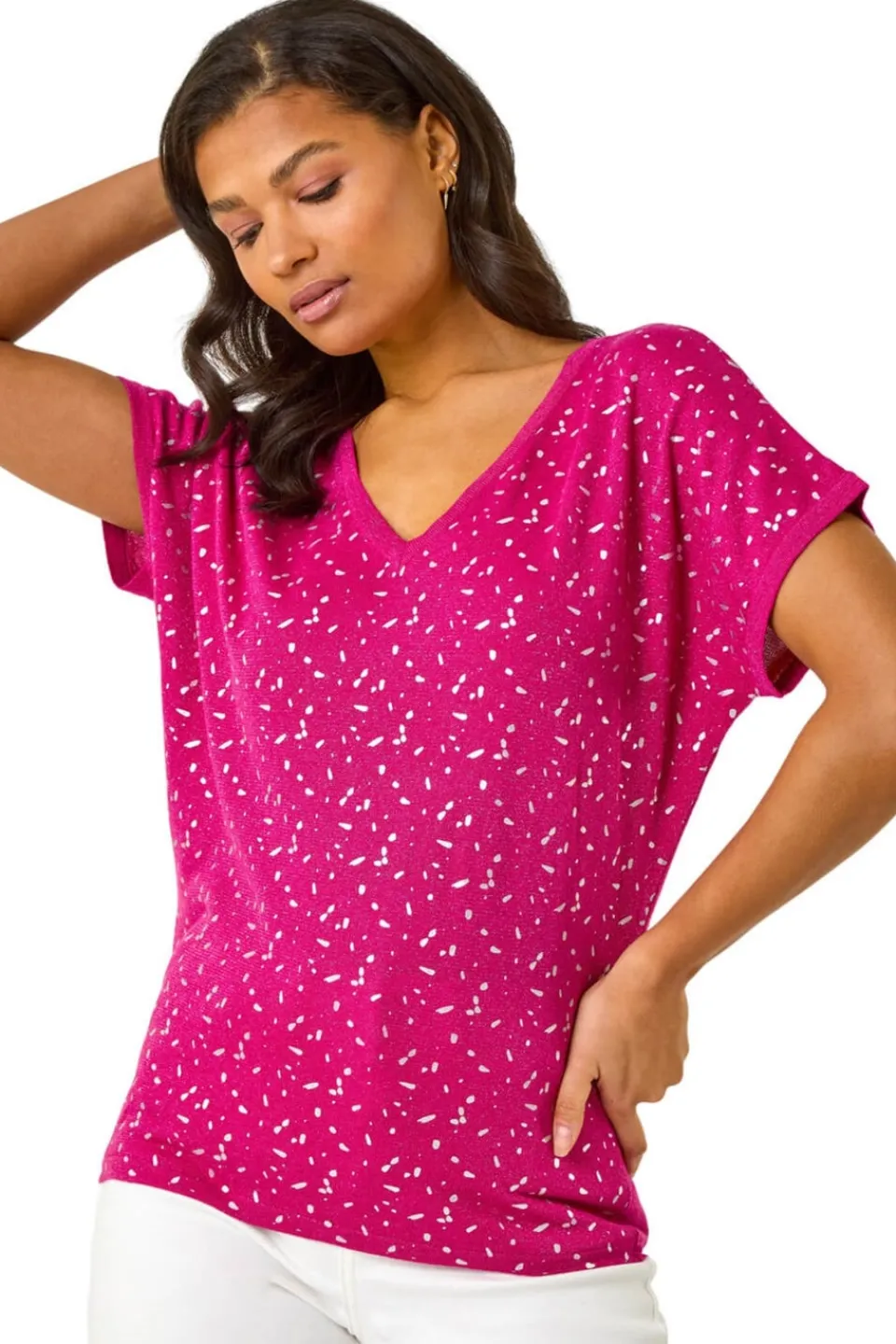 T-Shirts>Roman Magenta Foil Print V-Neck Knitted Top