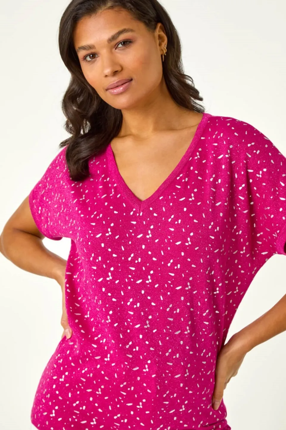 T-Shirts>Roman Magenta Foil Print V-Neck Knitted Top