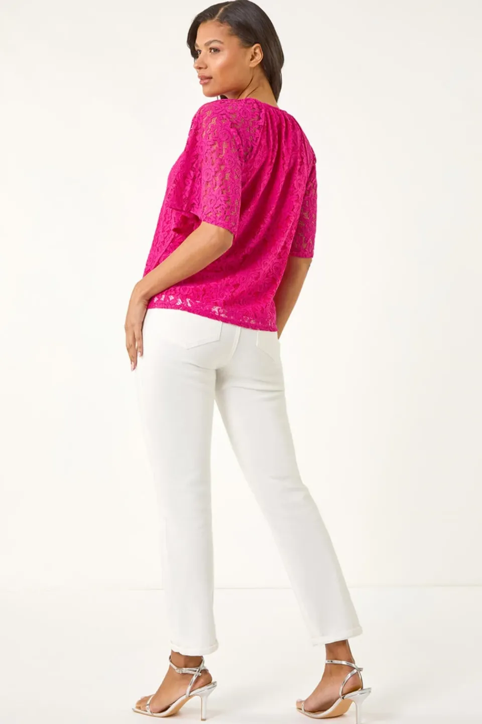 Tops>Roman Magenta Lace Angel Sleeve Stretch Top