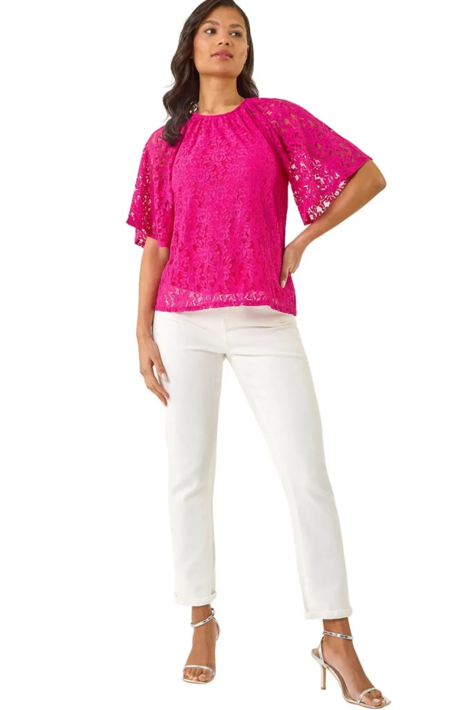 Tops>Roman Magenta Lace Angel Sleeve Stretch Top
